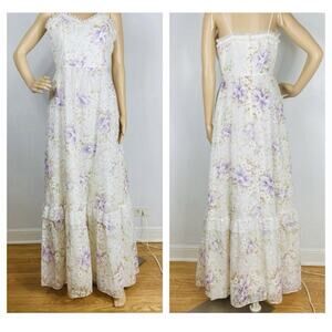 Vintage 90s ILGWU Floral Lace Maxi Dress Cottagecore Prairie Garden Dress S/M